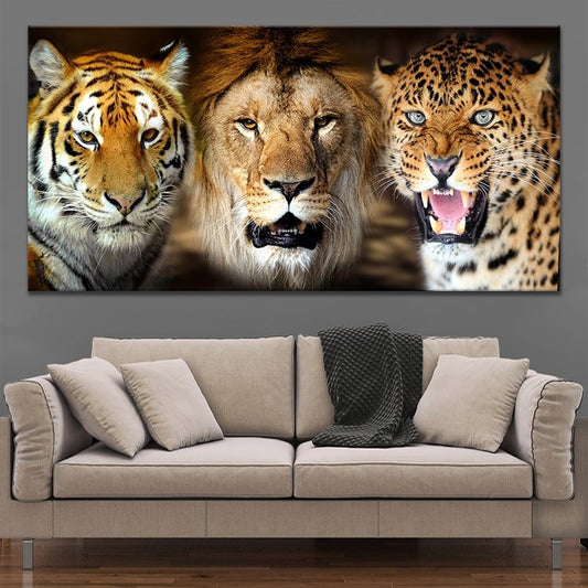 Lion tiger and leopard trio — modern canvas wall art for living room, symbolizing strength, courage, and wild elegance.