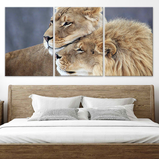 Lion couple love — modern canvas wall art for bedroom, warm neutral tones symbolizing strength and affection in elegant home décor.