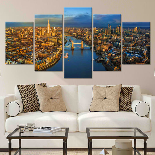London skyline at night — modern canvas wall art with golden city lights, inspiring centerpiece for stylish living room wall decor.