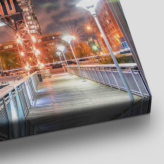 City lights at Long Island waterfront — modern canvas wall art, warm golden palette for inspiring urban and cozy home décor.