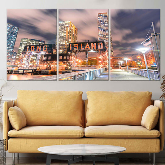 Long Island Pier skyline view large canvas wall art for living room adds modern New York charm and uplifting city atmosphere.