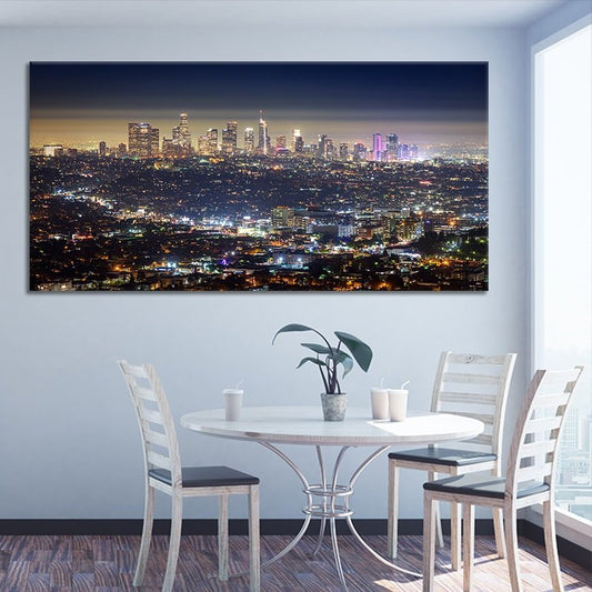 Downtown Los Angeles at dusk — large canvas wall art for bedroom offering calming night tones and elegant city charm.