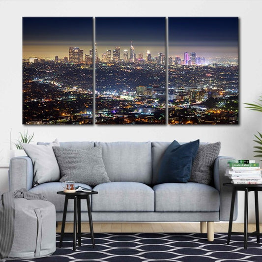 Los Angeles skyline glowing at night — modern canvas wall art for living room adding vibrant energy and contemporary style.