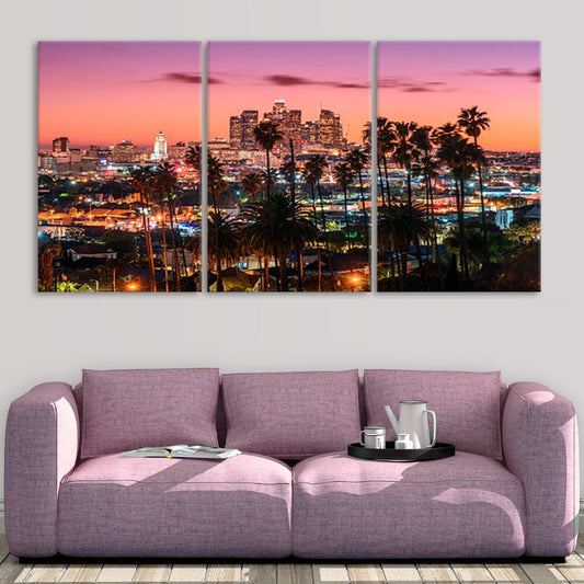 Los Angeles skyline at sunset — modern canvas wall art for living room adding warm tones and inspiring city evening charm.