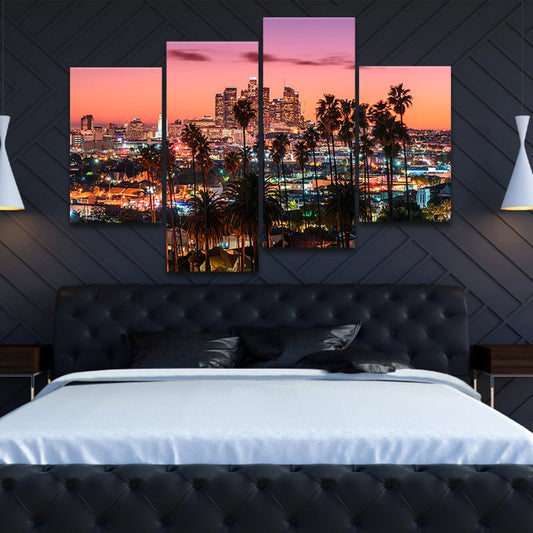 Downtown Los Angeles sunset view — large canvas wall art for bedroom offering calming and sophisticated urban atmosphere.