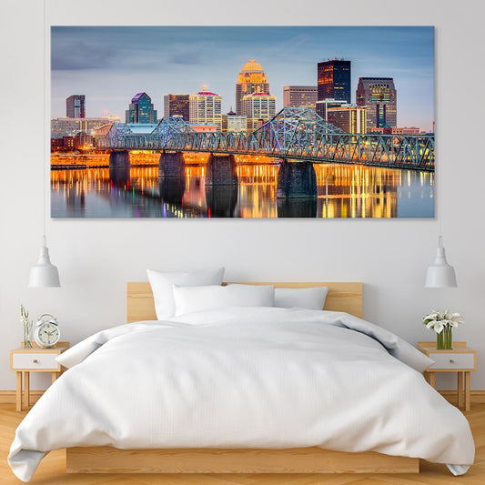 Louisville Kentucky skyline — modern canvas wall art in sunset tones, perfect for uplifting living room or office wall decor.