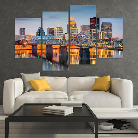 Downtown Louisville skyline — large canvas wall art highlighting warm evening colors, ideal for cozy bedroom interiors.