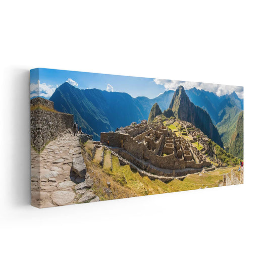 Ancient Inca citadel scene — contemporary canvas wall art in vibrant green and blue tones for a calming bedroom atmosphere