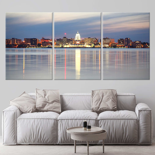 Madison skyline at dusk canvas wall art for living room — peaceful waterfront reflection creates elegant modern home decor.