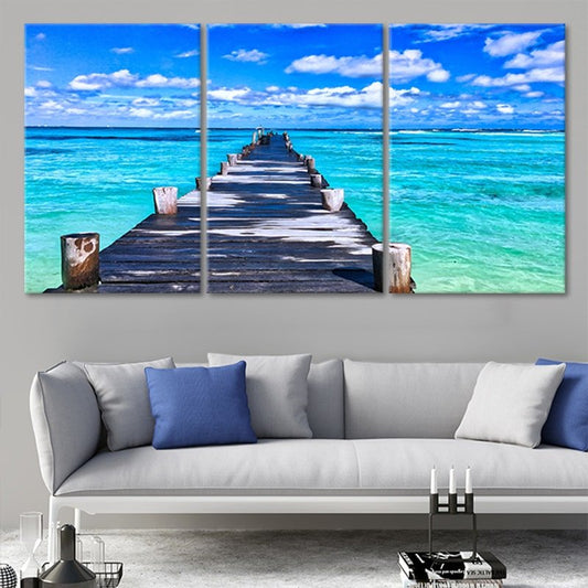 Blue ocean pier view — large canvas wall art with rustic dock and serene horizon, perfect for coastal bedroom or office decor