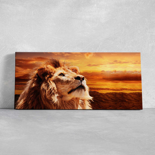 Sunset lion portrait in warm golden tones — large canvas wall art perfect for bedroom décor, creating a calming and majestic atmosphere.