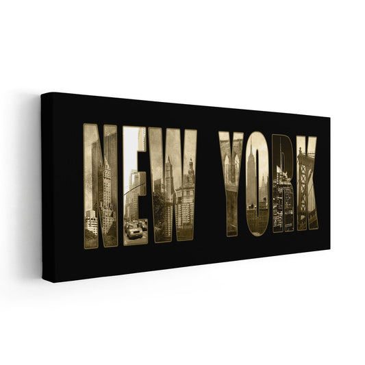 Manhattan city view — modern canvas wall art in bold gold letters, perfect for office or apartment with minimalist urban style.