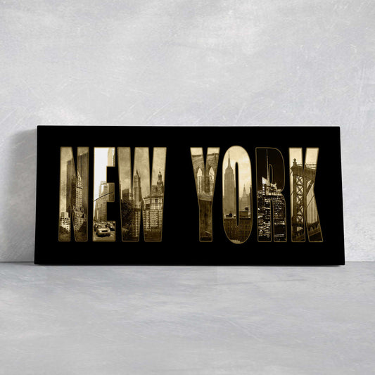 New York skyline typography — large canvas wall art for living room, gold and black city design adds modern elegance to any décor.