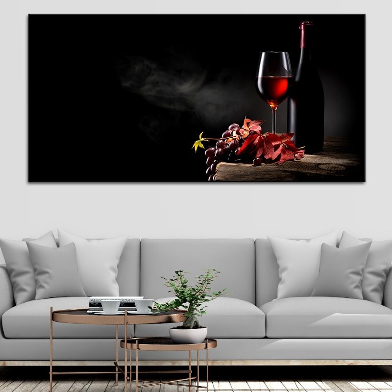 red wine bottle glass and grapes Canvas wall art