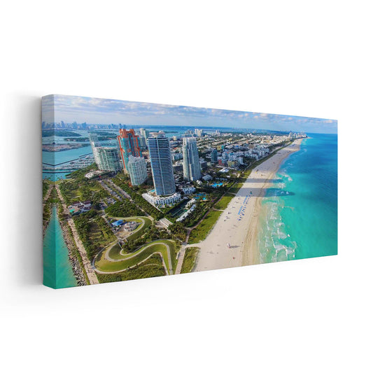 Aerial Miami Beach skyline — coastal canvas print for living room, turquoise ocean tones with serene tropical modern design.