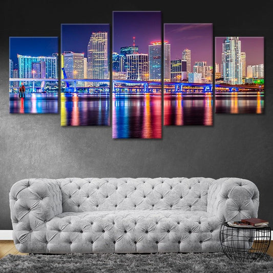 Miami cityscape panorama in neon tones — contemporary canvas wall art perfect for office or loft with inspiring energy.
