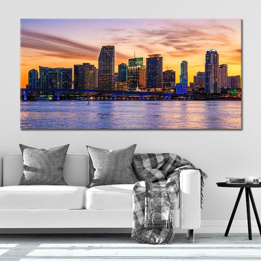 Downtown Miami skyline — modern canvas wall art capturing vivid sky and water hues for uplifting and relaxing home interior.