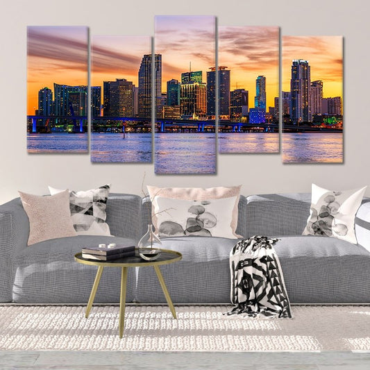 Florida skyline cityscape — large canvas wall art with sunset reflections over ocean, ideal for bedroom or elegant home decor.