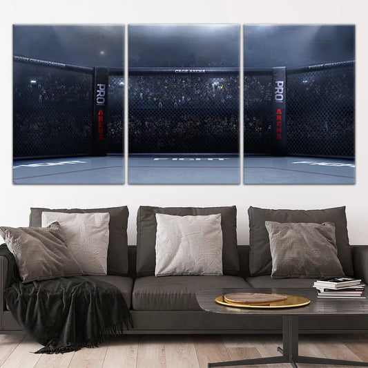 MMA octagon arena canvas wall art for living room decor, adding inspiring energy and bold stadium lighting for fans of combat sports