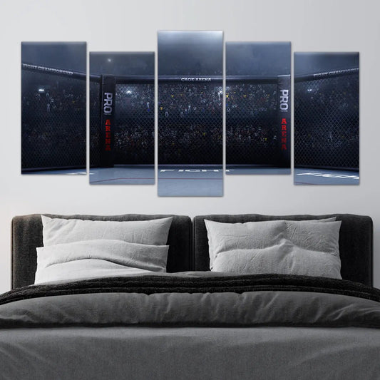 UFC fight cage scene in modern style — large canvas wall art with deep blue tones perfect for an uplifting office or workout room display