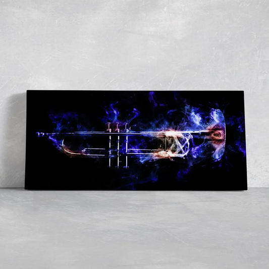 Colorful trumpet burst canvas wall art for living room wall art, vivid blue and gold tones creating an inspiring jazz mood