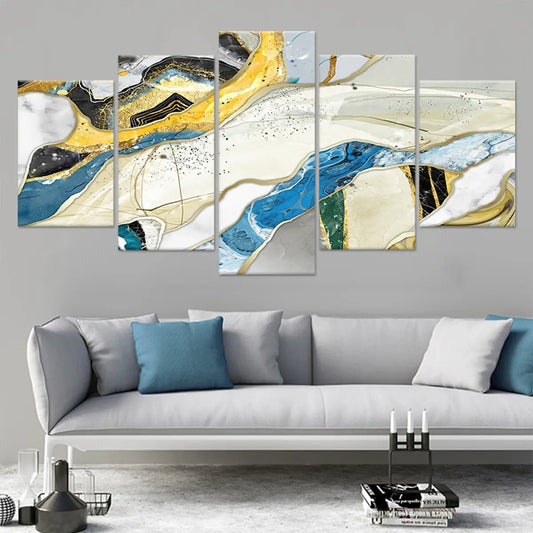 Blue and gold geometric strokes — modern canvas wall art, elegant abstract texture creating a calm and inspiring living room décor.