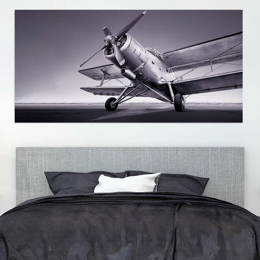 Vintage airplane — elegant canvas wall art in monochrome tones, ideal for aviation enthusiasts and refined living room décor.