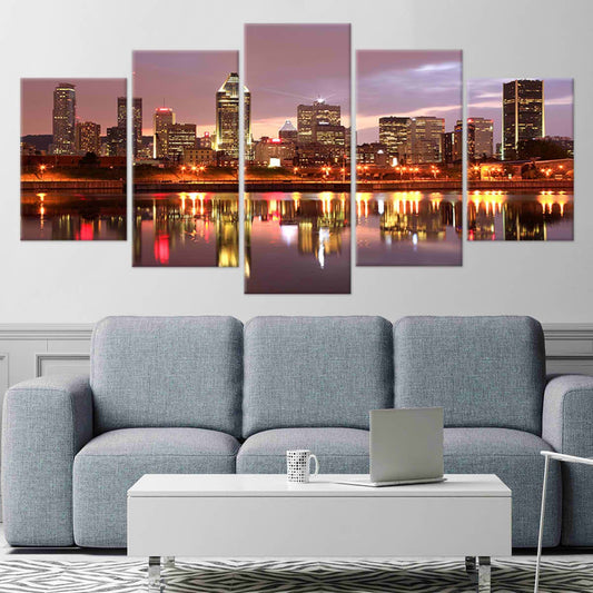 Montreal cityscape — modern canvas wall art showing glowing skyline and soft sunset palette, peaceful and inspiring bedroom wall accent.