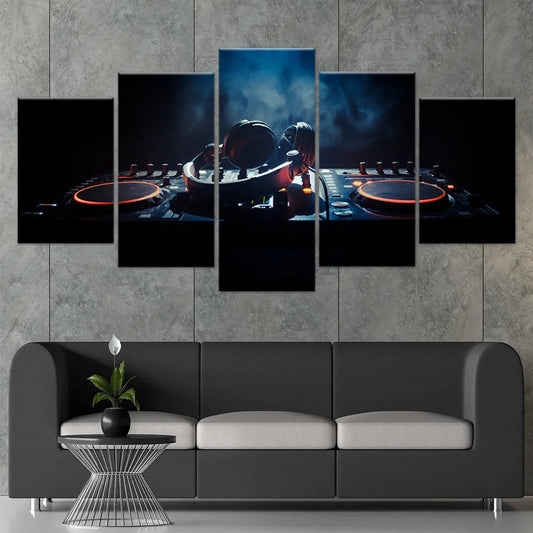 DJ headphones resting on mixer canvas wall art for living room wall art, neon accents and inspiring nightlife energy