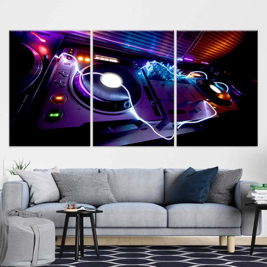 Modern DJ mixing console — large canvas wall art, vibrant purple and blue highlights delivering calming electronic music energy