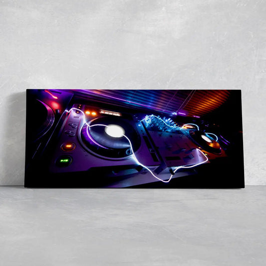 DJ turntable setup canvas wall art for living room wall art, neon lighting and glowing controls create an inspiring nightlife mood