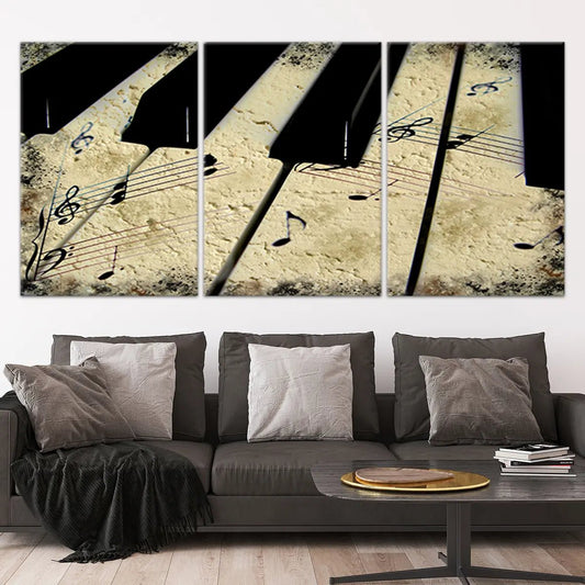 Rustic piano keys canvas wall art for living room wall art, aged sheet music texture creating a peaceful vintage mood
