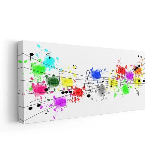 Vibrant music splatter in abstract palette — large canvas wall art for bedroom adds inspiring creative color movement to artistic modern spaces