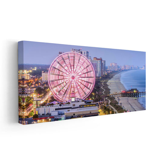 South Carolina boardwalk view — modern canvas wall art with pink Ferris wheel and ocean horizon, uplifting decor for your bedroom.