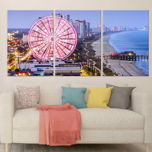 Myrtle Beach skyline with Ferris wheel — large canvas wall art featuring glowing coastal lights, perfect for modern living room decor.