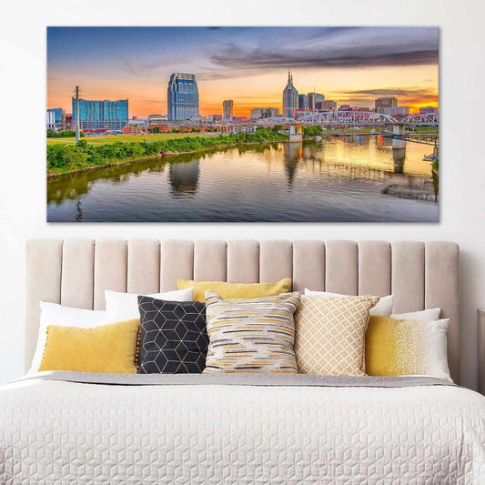Nashville skyline at sunset — large canvas wall art with warm golden tones, inspiring modern décor for elegant living room design.