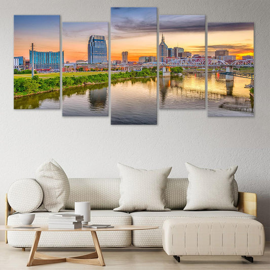 Nashville cityscape reflection — modern canvas wall art showcasing peaceful sunset hues, ideal for stylish bedroom or office décor.