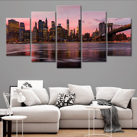 New York City skyline at dusk — modern canvas wall art for living room featuring golden lights and inspiring urban sunset tones.