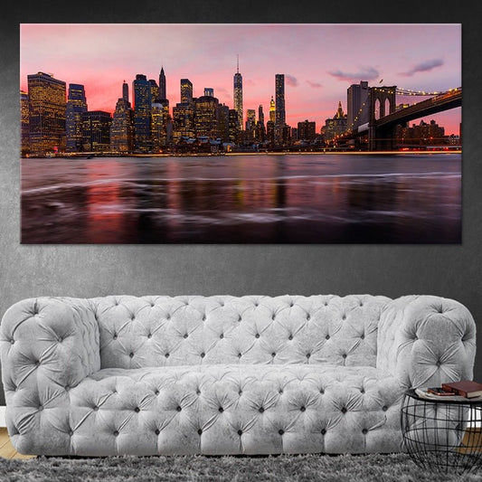 Brooklyn Bridge and New York skyline — large canvas wall art for bedroom showcasing peaceful night reflections and elegant city style.
