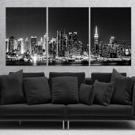 New York skyline at night large canvas wall art for living room decor, featuring modern black and white city lights