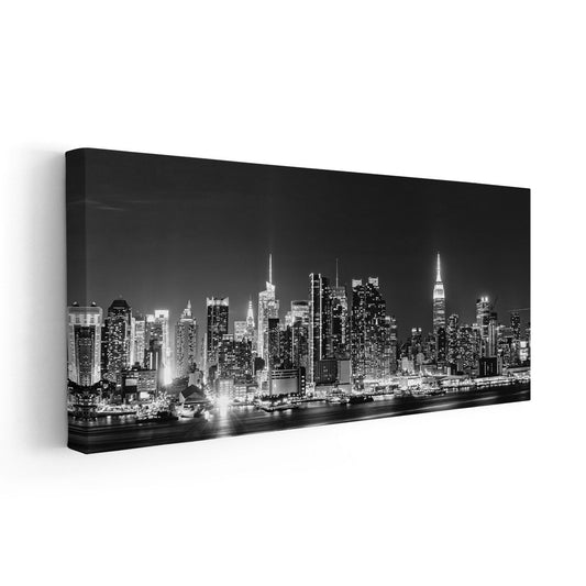 Panoramic Manhattan skyline modern canvas wall art — sleek grayscale tones, perfect for stylish bedroom or office walls