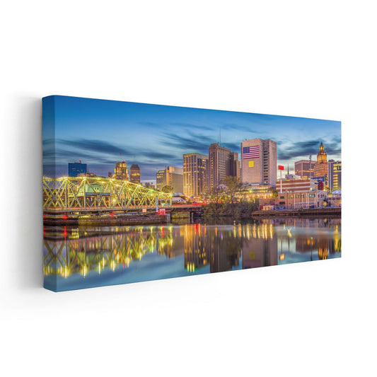 Golden sunset over Newark skyline — modern canvas wall art, warm reflections create inspiring urban atmosphere for home décor.