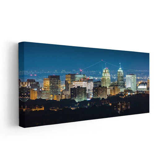 City lights of Newark skyline — modern canvas wall art, deep navy and gold tones create inspiring contemporary home atmosphere.
