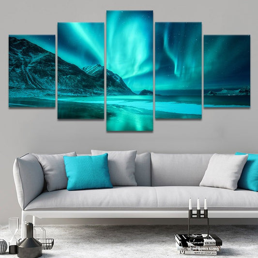 Nordic night sky glowing above rugged cliffs Large canvas art bringing a peaceful bedroom mood with striking teal light waves and modern style