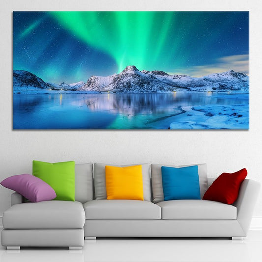 Arctic night glow above frozen lake — Large canvas art in cool teal palette adding inspiring bedroom décor for nature lovers and holiday gifting