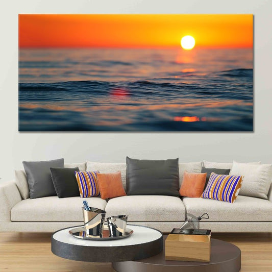 Sunset horizon over sea — coastal canvas print in warm orange tones, tranquil beach wall art for bedroom or coastal-inspired home