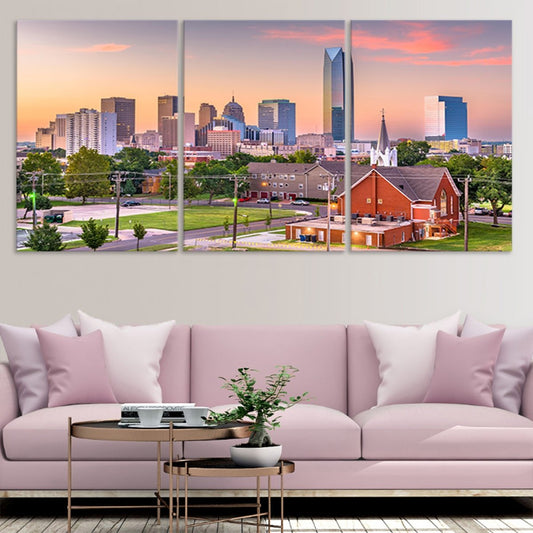 Oklahoma City skyline view large canvas wall art for living room adds uplifting charm and colorful modern city décor elegance.