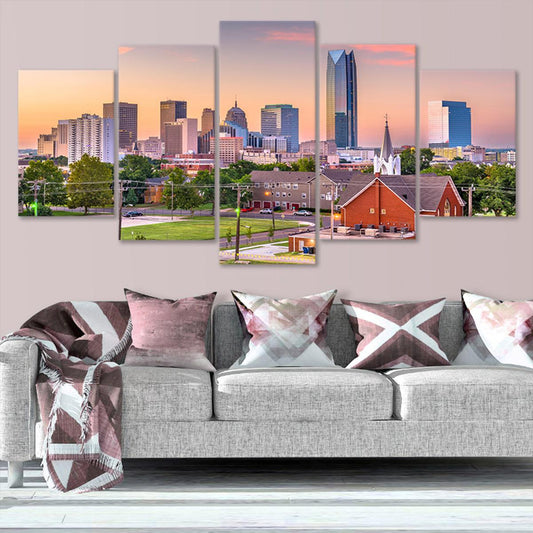 Downtown Oklahoma City skyline — modern canvas wall art, warm pastel sunset palette creates inspiring and stylish home atmosphere.