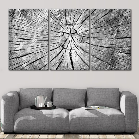 Tree trunk rings design — modern canvas wall art, rustic black and white texture ideal for farmhouse or minimalist living room.