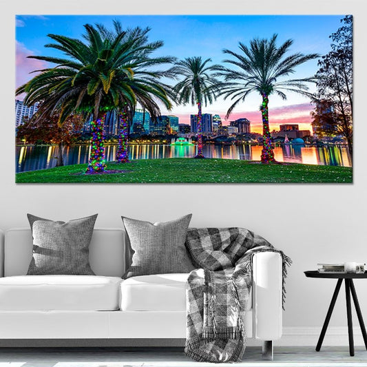 Florida cityscape — large canvas wall art showing palm silhouettes and skyline glow, ideal for bedroom or modern home interiors.